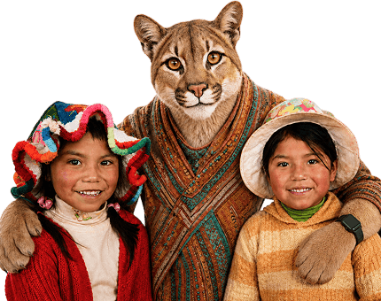 Un puma andino con dos niñas peruanas abrigadas con ropa tradicional